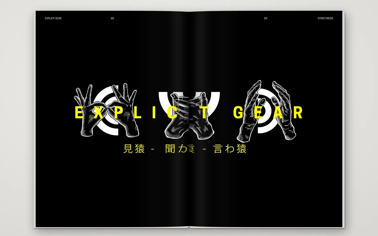 Doble página del fotolibro de Explicit Gear con la gráfica de las manos y el logotipo en amarillo