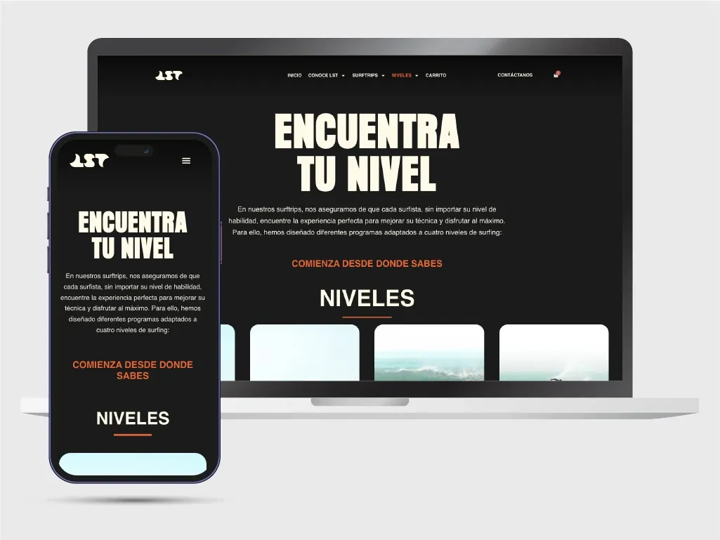 La web de Let's Surf Together en un portátil y un móvil