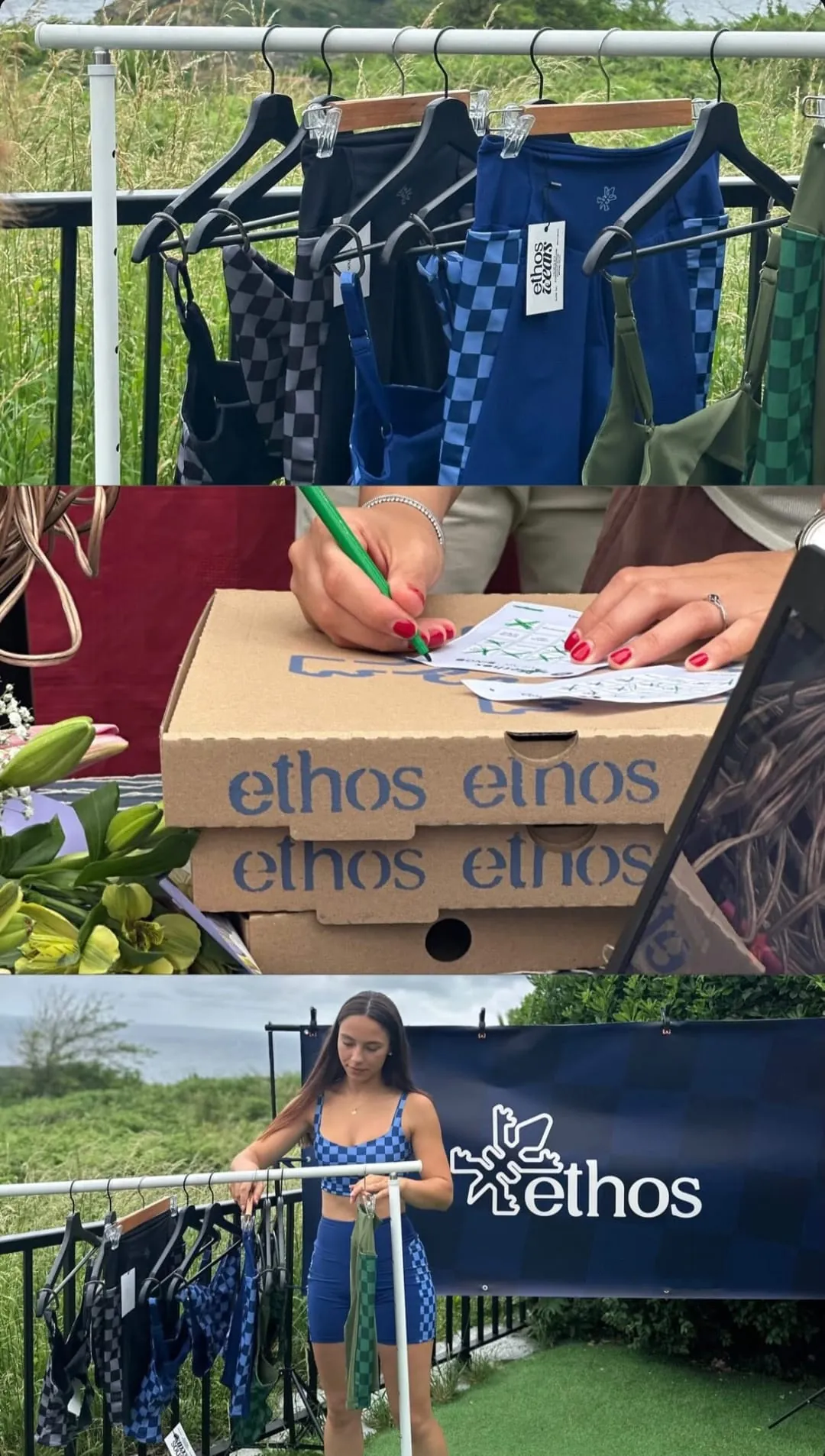 Cajas, prendas y una pancarta con la marca