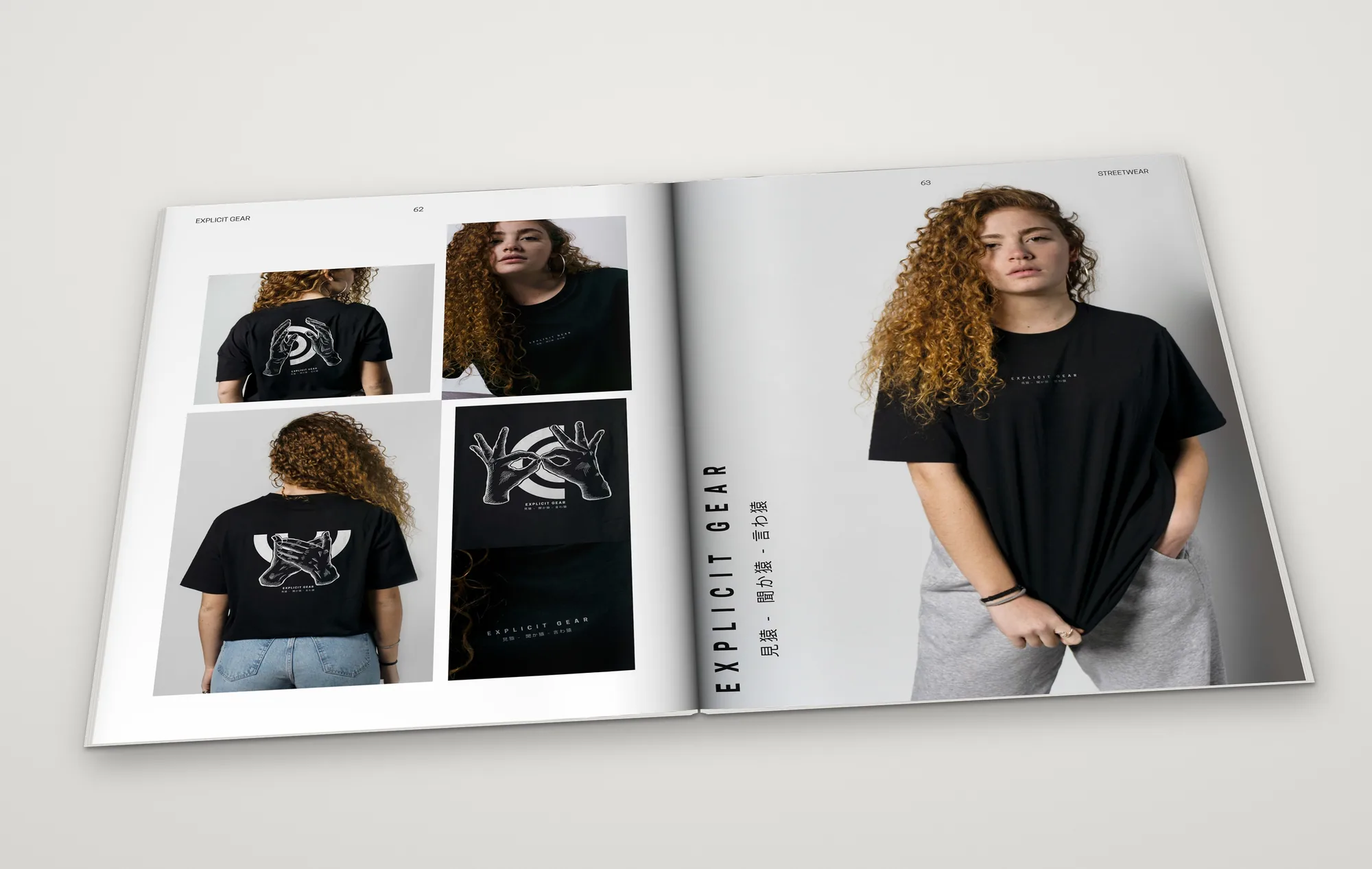 Doble página con camisetas negras y la gráfica de las manos