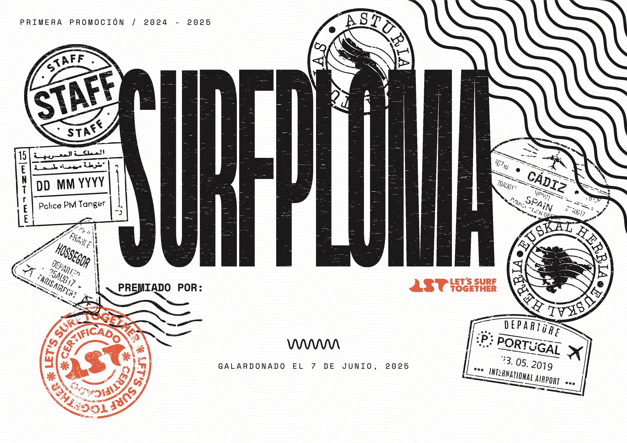 El diploma Surfploma, con sellos de Asturias, Cádiz y Portugal