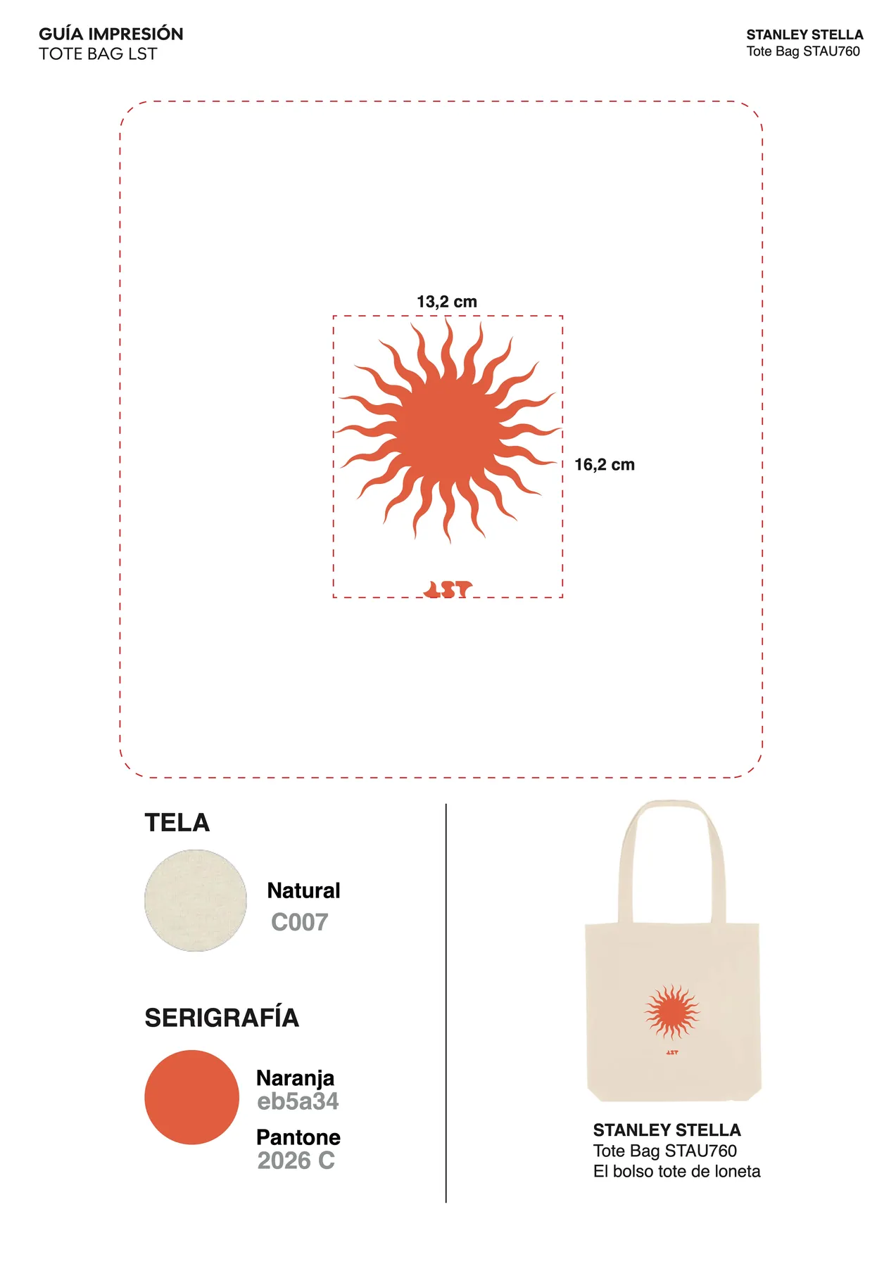 Guía de impresión de la tote bag, con el sol en naranja