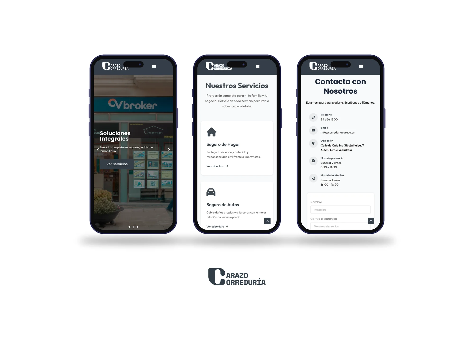 Inicio, servicios y contacto en el móvil