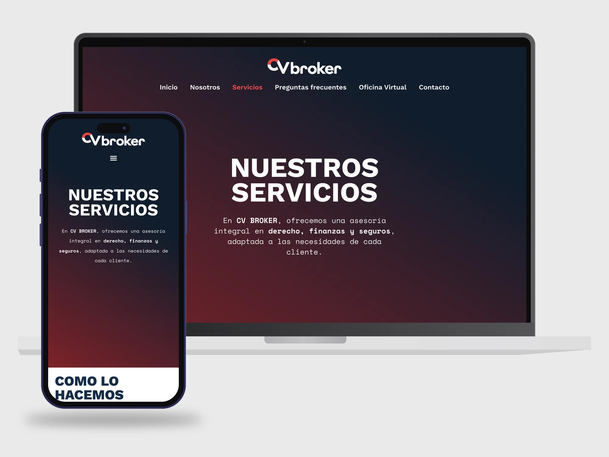 La página de servicios en portátil y móvil