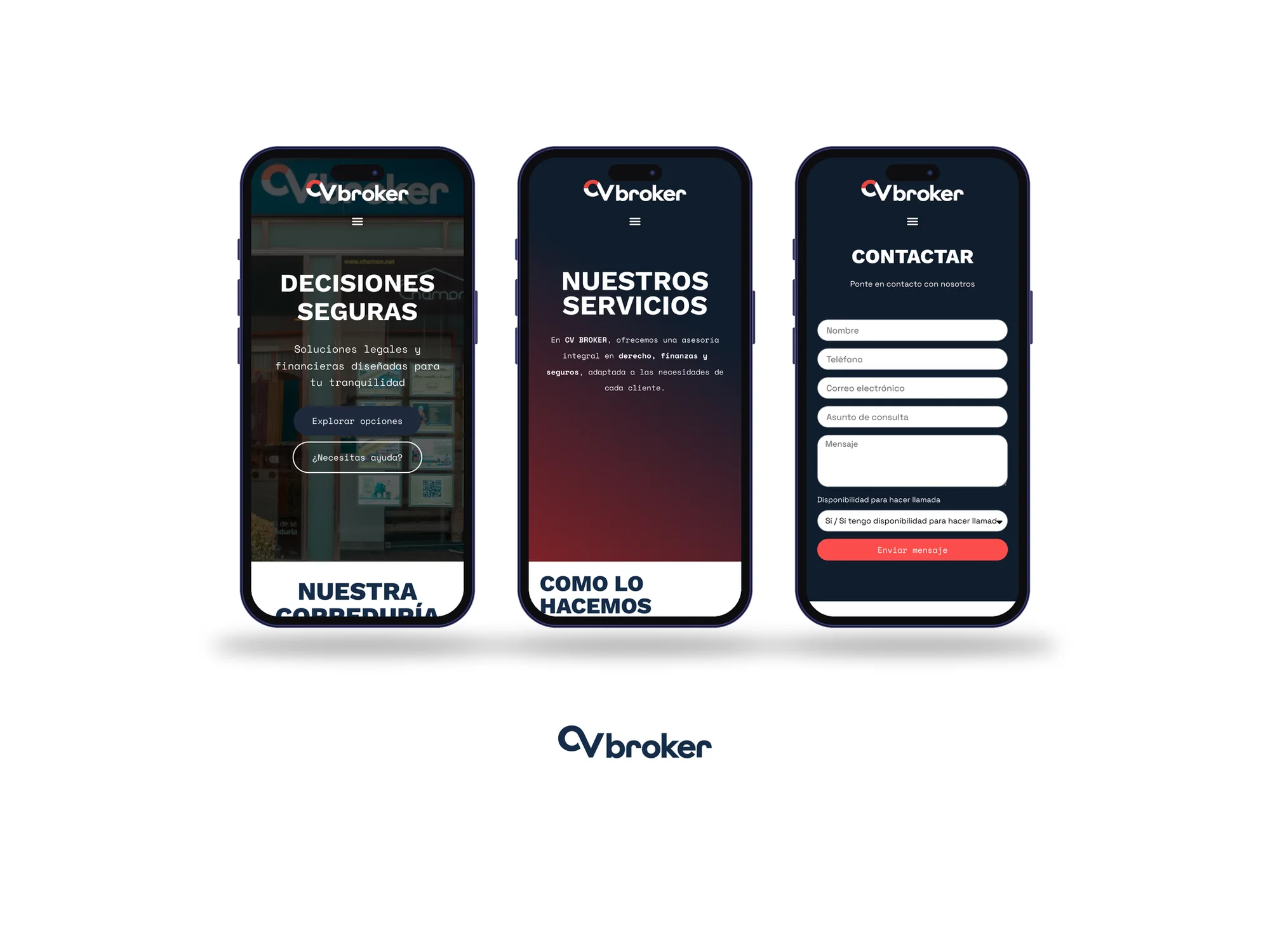 Inicio, servicios y contacto en el móvil
